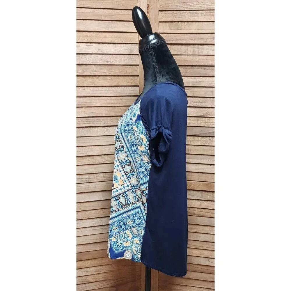 Maurices Women's Size Medium Blue Cap Sleeve Top Floral Front Solid Back Shirt - Picture 4 of 8